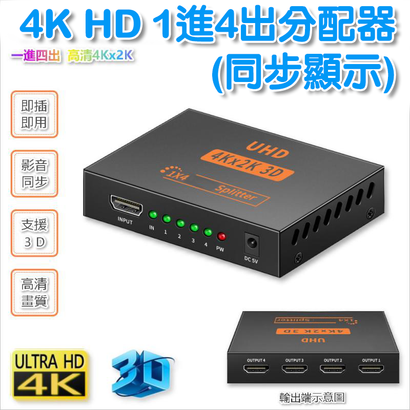 4K HD 1進4出分配器(同步顯示)